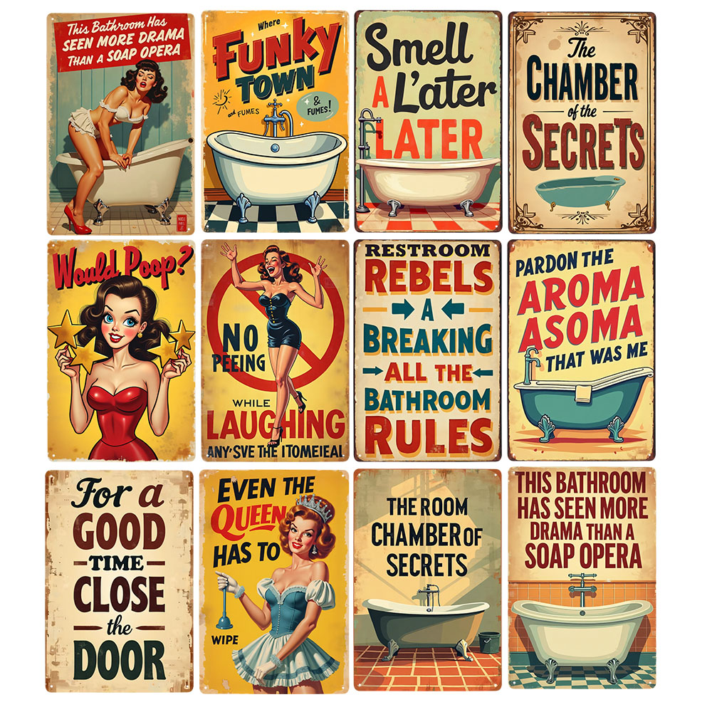 Home Bathroom Rules - Komik Banyo Kuralları Vintage Metal Tabela