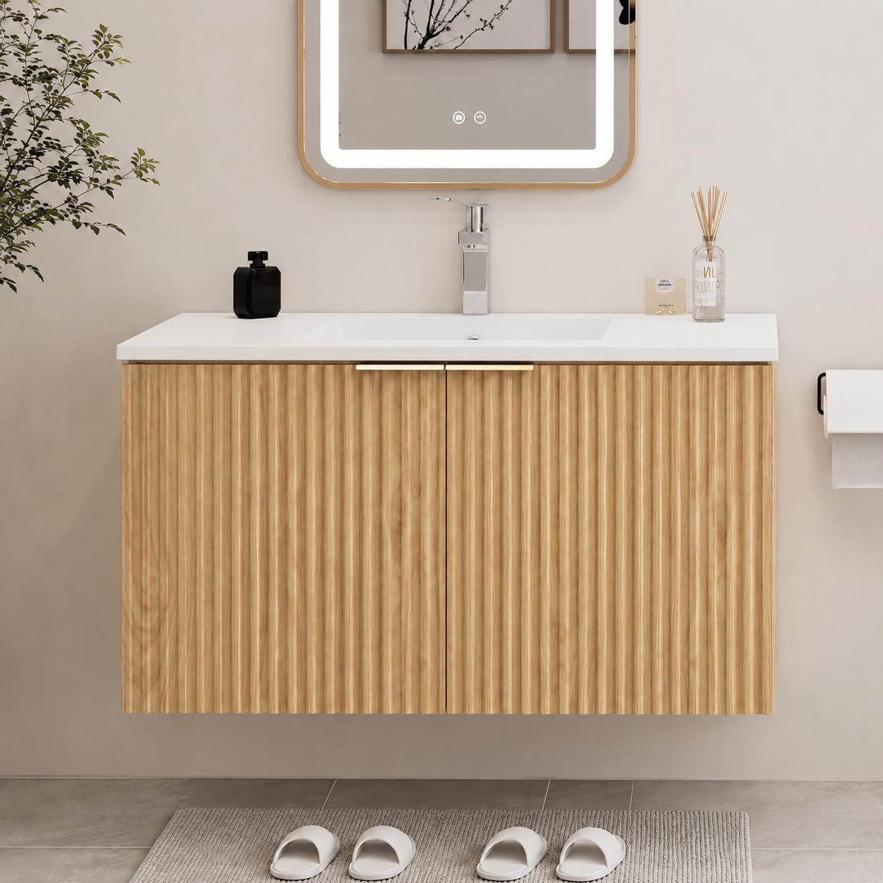 Home Design Bathroom - Modern Yüzer Banyo Dolabı Dalgalı Dokulu
