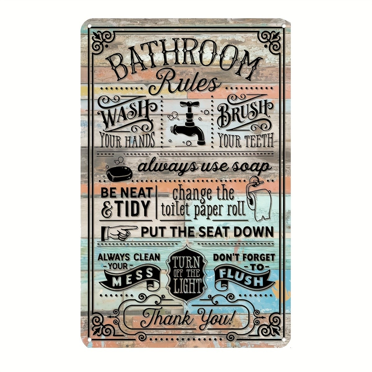 Home Bathroom Rules - Vintage Çiftlik Evi Banyo Kuralları Teneke